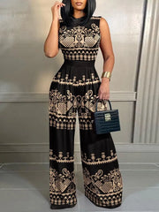Elegant Women Wide Leg Juumpsuit Summer Fashion Printed Sleeveless Casual Wear