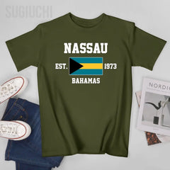 Patriotic Flag Bahamas EST.1973 Nassau Men Tshirt Tees T-Shirt O-neck T Shirts Women Boys Clothing 100% Cotton