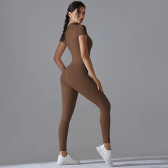 Women's Jumpsuits One-Piece Suit Zipper Short Sleeve Gym Workout Clothes Fitness Bodysuit