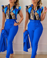 Elegant Short Sleeved Ladies Fashioned V Neck Animal Print 2 PC Pant Set