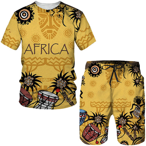 African Men 2 Piece Outfit Ethnic Style Dashiki Shirts Short Sleeve Tee