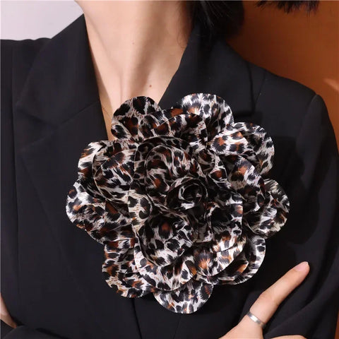 French Satin 19cm Brooch Fabric Exaggerated Leopard Print Large Flower Pins Handmade Flower Clothing Accessory Corsage