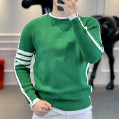 Striped Contrast Color Round Neck Autumn Winter Pullover Sweater Knitted Lantern Long Sleeve Men's Clothing Retro Stylish Tops