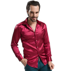 2024 Fashion Shiny Satin British Style Dress Shirt Luxury Ice Silk Long Sleeve Mens Casual Shirt Performance Clothing Wear Male