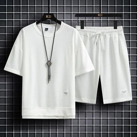 2024 Men's Summer Waffle Set Brand Fashion Casual T-shirt+Shorts Set Men's Sports Set Loose ComfortableSlow RunningQuick Dr