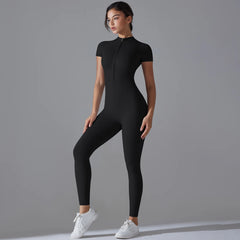 Women's Jumpsuits One-Piece Suit Zipper Short Sleeve Gym Workout Clothes Fitness Bodysuit