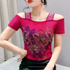 Summer European Clothing T-shirt Female New Short Sleeve Tops Shirt Fashion Butterfly Diamonds Mesh Tees Women Slim T-Shirt