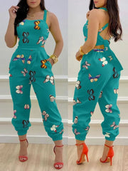 New Summer Fashion Printed Sleeveless Jumpsuit Sexy Hollow Backless Lace Up Long Jumpsuits Elegant Casual Jumpsuit With Pocket