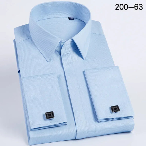 Men French Cufflinks Shirt High Quality Hidden Button Men's Long Sleeve Casual Slim Fit Cuff Dress Shirts (Cufflinks Included)
