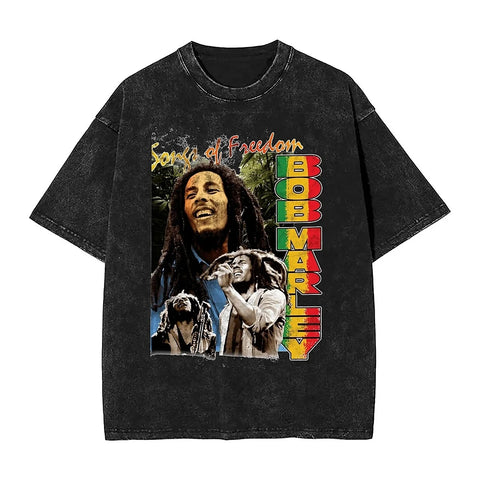 Bob Marleyed Music Tour Washed T Shirt Jamaican Reggae Singer Guitarist Street Style Summer Tees