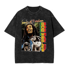Bob Marleyed Music Tour Washed T Shirt Jamaican Reggae Singer Guitarist Street Style Summer Tees