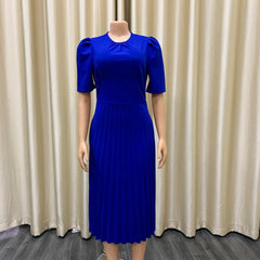 Elegant Pleated O Neck Short Sleeve Mid Calf Formal Business Wear Midi Vestidos Mujer Dress