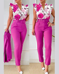  Unique Glamor Style Ladies Fashion 2PC V Neck Floral Set – Elegant, trendy, and comfortable floral outfit for any occasion