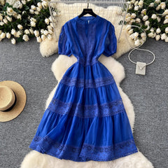 French Elegant Lace Embroidery Prom Midi Dress Women's V Neck Puff Sleeve High Waist Hollow Out Long Summer Sundress Clothing