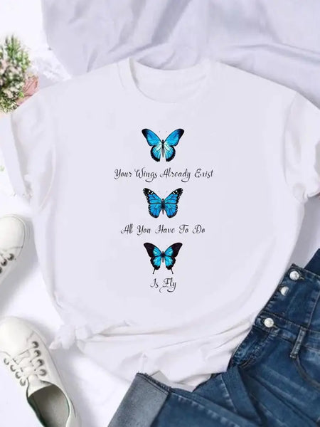 Women's European and American Clothing Butterfly Letter Printed Short-sleeved T-shirt Tops  Graphic T Shirts  Harajuku