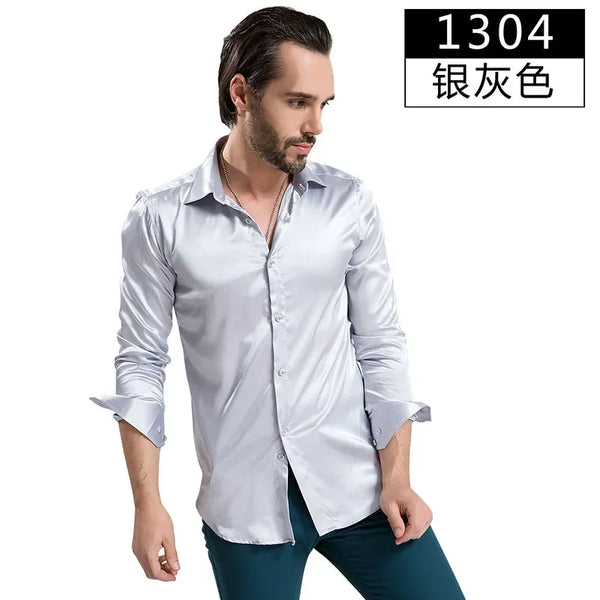 2024 Fashion Shiny Satin British Style Dress Shirt Luxury Ice Silk Long Sleeve Mens Casual Shirt Performance Clothing Wear Male