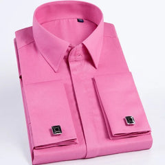 Men French Cufflinks Shirt High Quality Hidden Button Men's Long Sleeve Casual Slim Fit Cuff Dress Shirts (Cufflinks Included)