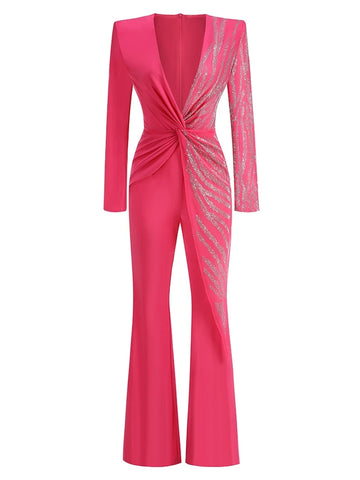 Sparkly Diamonds Design Long Sleeve Wide Leg Jumpsuit Elegant Evening Wear