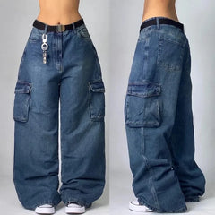 Streetwear Fashion Multi-pocket Washed Baggy Jeans Men And Women Y2K Hip-hop Harajuku Gothic High Waist Wide Trouser