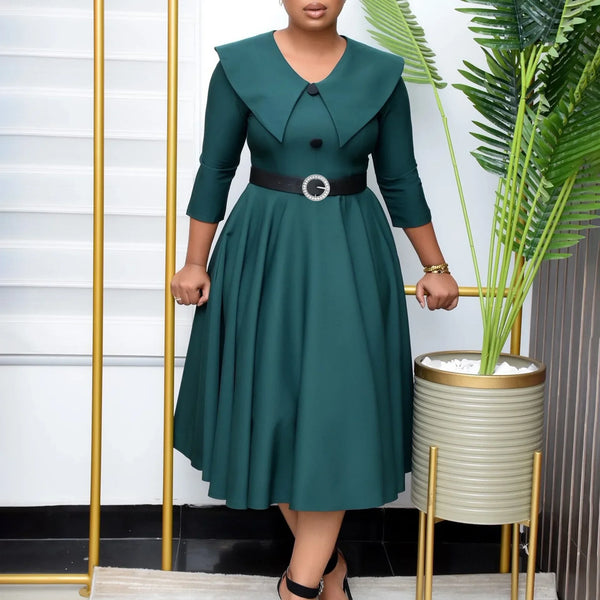 Elegant Office Dress for Women Midi With Sleeve O Neck Turn Down Collar Three Quarter Belt Waisted Mid Calf Formal Work Dress OL