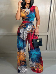 Elegant Women Wide Leg Juumpsuit Summer Fashion Printed Sleeveless Casual Wear