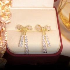 Temperament Bowknot Dangle Stud Earrings For Women Chic Gold Color Shiny Rhinestone Long Earrings Fashion Trendy Jewelry