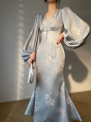Summer Vintage New Elegant Printing Mermaid Dresses French Chic Long Sleeve V-neck Slim Lady Robe