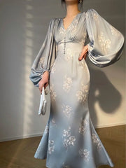 Summer Vintage New Elegant Printing Mermaid Dresses French Chic Long Sleeve V-neck Slim Lady Robe