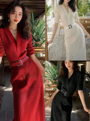 Red Knitted Dress New Autumn Temperament Senior Sense of Waist Long Dress French Skirt Women's Clothing
