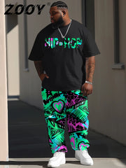 Short sleeved T-shirt Pants Set Plus Size Men Large Street Casual Graffiti Letter Printing Trendy T-shirt Pants ZOOY