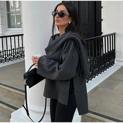 Winter Gray Knitted Cape Coats Scarf Women Outerwears Fashion Clothing Long Sleeve Jackets Elegant Chic Cloak Casual Coat Jacket