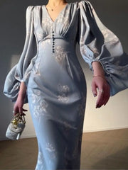 Summer Vintage New Elegant Printing Mermaid Dresses French Chic Long Sleeve V-neck Slim Lady Robe