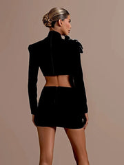 Long Sleeves Bandage 2-Piece Turtleneck Diamonds Flower Top Set Bodycon Skirts Suits