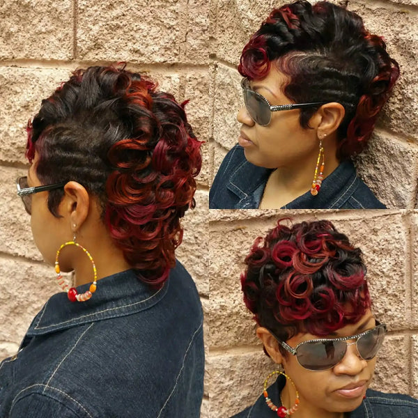 Short Synthetic Black and Burgundy Short Curly 2 Tones Wigs For Women Natural Short Hair