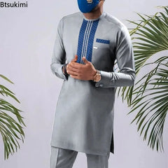 African men Wedding Beaded Long-sleeved Top Pants Set Kaftan Traditional Clothing Ethnic Casual Men's 2Pcs Suit