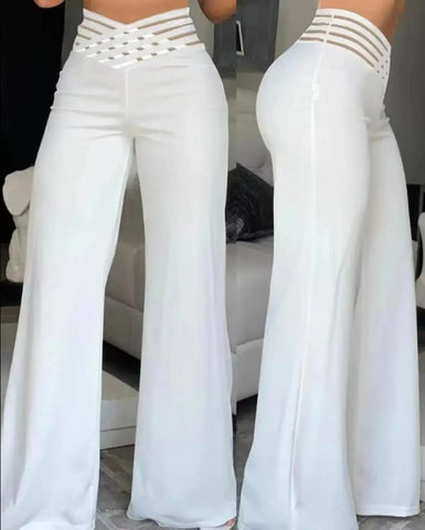 Women Wide Leg Flared Pants Crisscross Sheer Mesh Y2k Streetwear