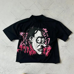 Y2k European and American Street Anime Printed T-shirt Casual Versatile Clothing Men Gothic Punk Oversized Short Sleeves Women
