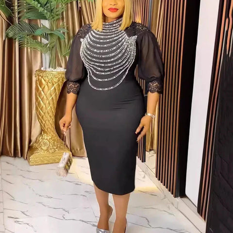 Elegant African Office Dresses Women O Neck Diamond Three Quarter Sleeve Sheath Package Hips Mid Calf Formal Business Work Dress