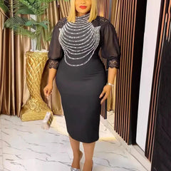 Elegant African Office Dresses Women O Neck Diamond Three Quarter Sleeve Sheath Package Hips Mid Calf Formal Business Work Dress