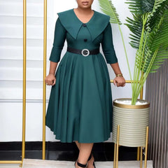 Elegant Office Dress for Women Midi With Sleeve O Neck Turn Down Collar Three Quarter Belt Waisted Mid Calf Formal Work Dress OL