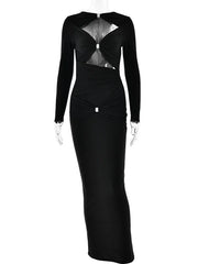 Sexy Hollow Cut Out Front Long sleeved Elastic Tight Dress Double Pleats Vestidos Elegant Evening Dress