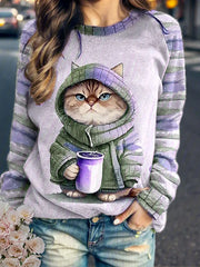 Women's round neck hoodie animal cat 3D printed shoulder style autumn and winter European and American T-shirt women's clothing