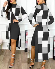 Elegant A Line Two Piece Print Dresses Full Sleeve Split Cardigan Half High Collar Dress