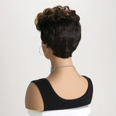 Synthetic Short Pixie Cut with Wavy Bangs Mixed Black Brown 2 Tones Hair Wigs for Women Wavy Hair