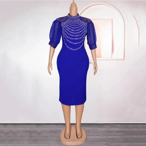 Elegant African Office Dresses Women O Neck Diamond Three Quarter Sleeve Sheath Package Hips Mid Calf Formal Business Work Dress
