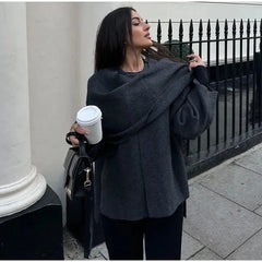 Winter Gray Knitted Cape Coats Scarf Women Outerwears Fashion Clothing Long Sleeve Jackets Elegant Chic Cloak Casual Coat Jacket