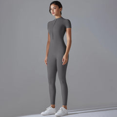 Women's Jumpsuits One-Piece Suit Zipper Short Sleeve Gym Workout Clothes Fitness Bodysuit